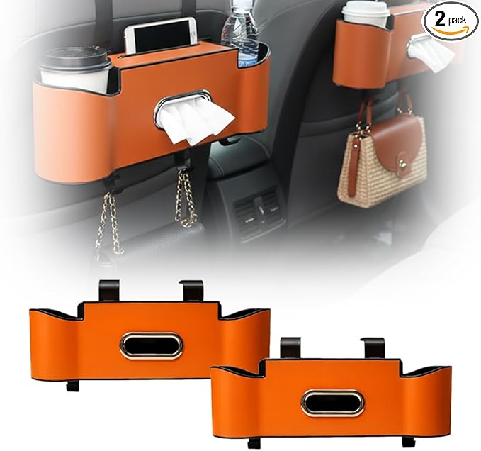 3-in-1 Car Backseat Organizer, 2026 New Multifunctional Back Seat Car Organizer with Cup Holder, Tissue Box, Trash Bin & Hooks for Hold Phones, Snacks, Drinks, Handbags (2, Orange)