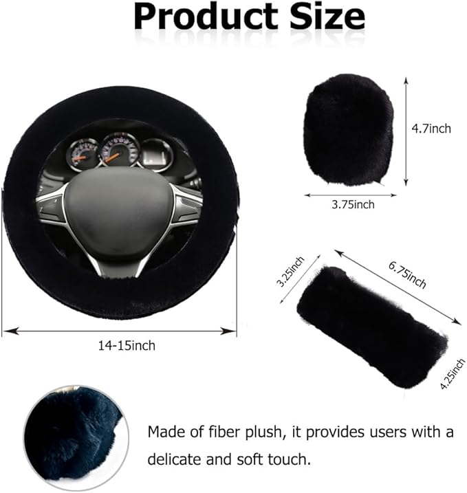Fluffy Steering Wheel Cover, Winter Warm, Suitable for Most Car Steering Wheels in The 14-15 Inch Range (Black, 3PCS)