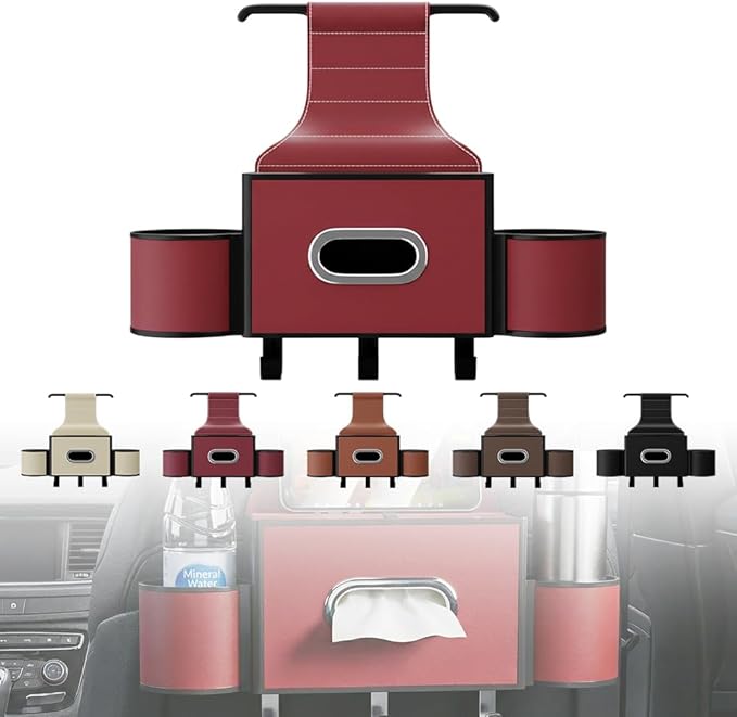 Back Seat Car Organizer,3 in 1 Car Backseat Storage Box with Cup Holder,Tissue Box,Trash Bin&Hooks,Multifunctional Waterproof Storage for Hold Phones Snacks Drinks Handbags (1, A-Red)