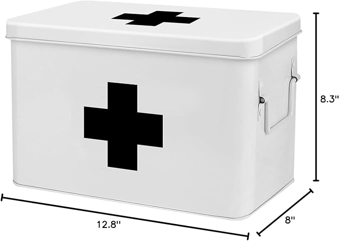 Flexzion First Aid Box Organizer Empty 13" White Vintage First Aid Kit Tin Metal Medical Box - First Aid Storage Box Container Bins with Dividers, Removable Tray and Black Cross Logo