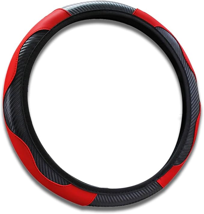 15 inch Car Steering Wheel Cover, Carbon Fiber Microfiber PU Leather Elastic Steering Wheel Protector for Men Women, Anti-Slip Breathable Car Interior Accessories (Red)