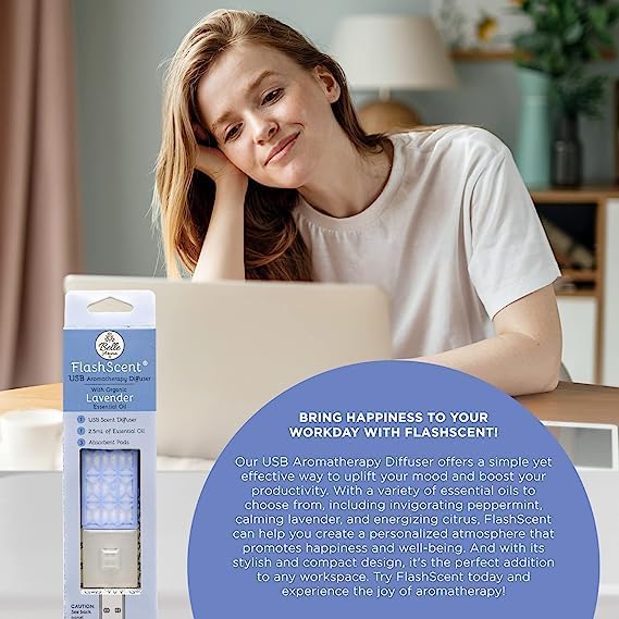 Belle Aroma® FlashScent™ USB Aromatherapy Bundle - for Car, Office, Home, and Travel - Includes 1 Serenity Blue Lavender Oil Diffuser Kit, 1 FlashScent Lavender Essential Oil, and 7 Refill Pads
