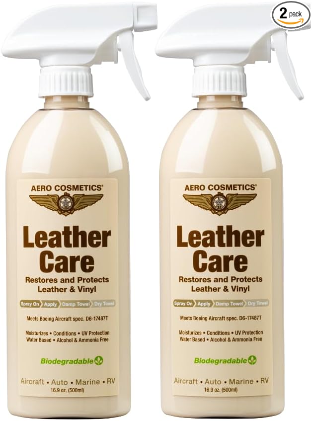 Leather Care, Conditioner, UV Protectant, Aircraft Grade Leather Care, better than automotive products. Excellent for Furniture, Car Seats, & RV 's, does not leave dirt attracting residue. 16oz