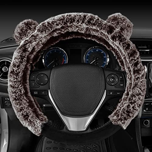 BDK Bear Fur Steering Wheel Cover, Plush Faux Fur Fuzzy Steering Cover for Car Truck Van SUV, Standard Size Fits Wheels 14.5-15 in Diameter, Brown with Ears