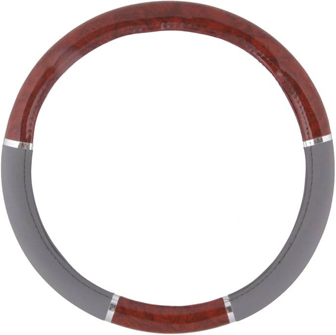 BDK Dark Wood Grain Car Steering Wheel Cover, Standard 15 inch with Gray Faux Leather Grip, Made to Fit Most Auto Truck Van SUV