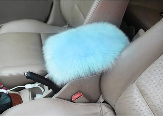 Center Console Cushion Pad/Cover, 11.4"x7.4" Furry Armrest Cover for Cars, Vehicles, SUVs, Premium Sheepskin Wool, Car Interior Accessories for Women(Blue)