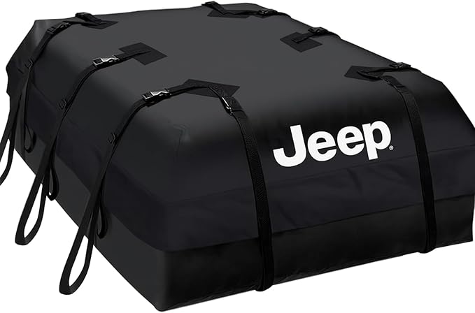 SR1 Performance USA Waterproof Rooftop Cargo Bag – Car Roof Carrier for Cars/SUVs with/Without Rack, Includes Non-Slip Mat, Heavy-Duty Straps, Lock for Secure Travel Storage (15 Cubic Feet, Jeep Logo)