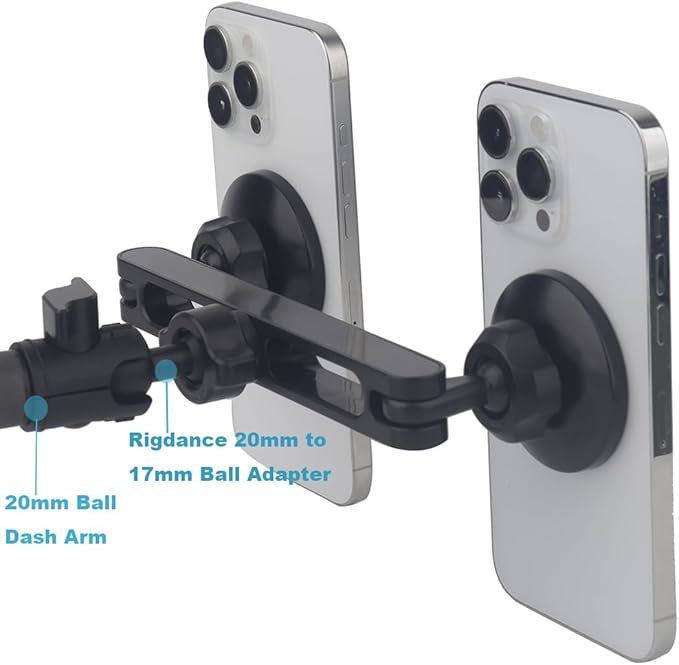 Dual Magnetic Phone Holder for Car & Tripod – 1/4"-20 Screw & 17mm Ball Socket Compatible | 2-in-1 Adjustable Mount for MagSafe & All Phones (Includes 2 Metal Rings)
