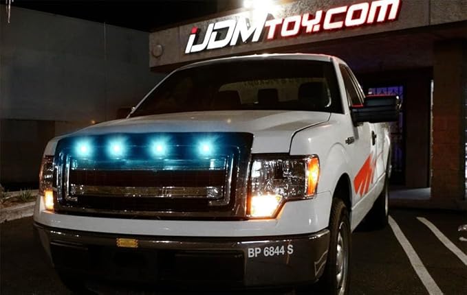 iJDMTOY 4pc Set Custom Retrofit 8000K Ice Blue Front Grille Mesh Mount LED Lighting Kit Compatible with Trucks SUVs