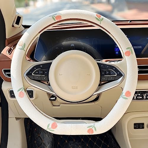 Wheel Cover Flax Microfiber Steering Wheel Covers for Women Fit 15 inch Car Cute Bow Tie Anti-Slip Breathable Absorbing Sweat Cover (Type-D-Tulip)