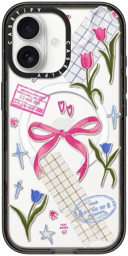 CASETiFY Impact iPhone 17 Case [Slim/Compatible with Magsafe / 8.2 ft. 4X Military Grade Drop Protection] - Ribbons and Tulips - Clear Black