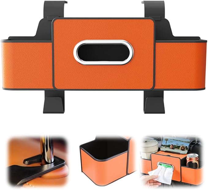 Cars Seat Back Bag, 2025 Upgrade Car Rear Backseat Extra Multifunctional Car Seat Back Storage Box, Multifunctional Car Seat Tissue Organizer with 2 Drink Cup Holder 2 Hooks (Orange)