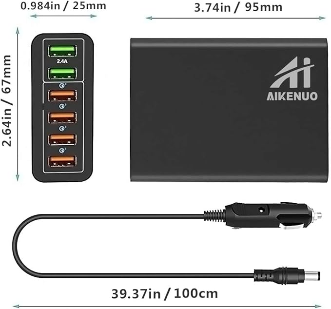 Multi Ports USB Car Charger, 96W 6 Port QC3.0 Fast Adapter Multiple Ports, with Four Quick Charge 3.0 Port, 12V-24V Multi Device Cigarette Lighter for Smart Phone & Tablets Charging