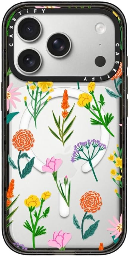 CASETiFY Impact iPhone 17 Pro Case [Slim/Compatible with Magsafe / 8.2 ft. 4X Military Grade Drop Protection] - Flowers - Clear Black
