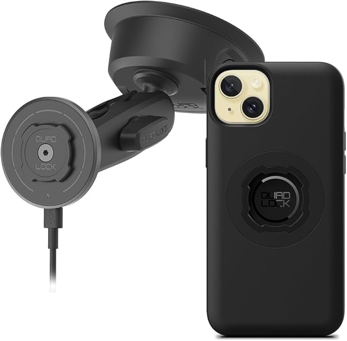 Quad Lock Heavy Duty Suction Car Phone Mount with MAG Phone Case and MAG Wireless Charging Head for iPhone 15 Plus