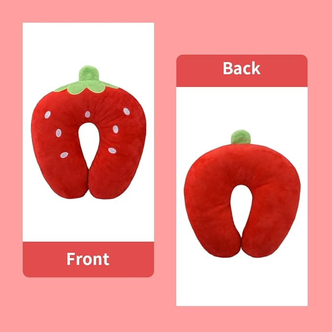 Travel Pillow for Kids, Cute Animal Neck Pillow Support U Shaped Cushion Plush Soft Rest Reading Pillows Sleeping Pillows for Airplane Train Car (Color:Strawberry)