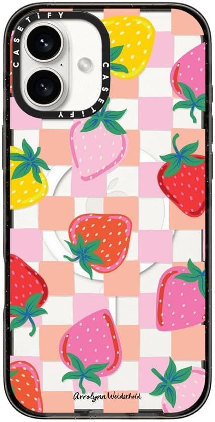CASETiFY Impact Case for iPhone 16 Plus [8.2ft 4X Military Grade Drop Protection/Compatible with Magsafe] - Fun Strawberries - Clear Black