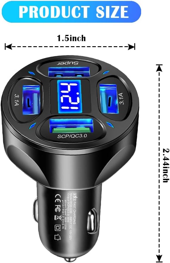 Car Charger,4 Ports Fast Car Charger with Plug Outlet/LED Voltmeter/QC3.0/Super Port,Universal Car Accessories Cigarette Lighter USB Charger Compatible with Android,Samsung Galaxy(QC3.0/Super)
