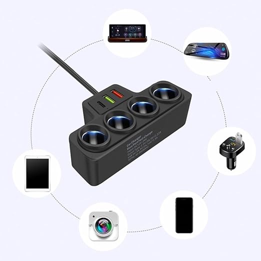 12V/24V Car Charging Adapter Car Power Socket Splitter 120W with USB C Port & 75cm Long Cable for Vehicles