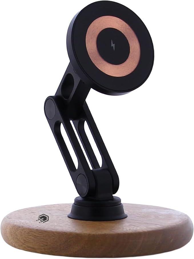 ClikDock Cell Phone Magnetic Wireless Charger Stand, 360° Spin, Aluminum Construction, Compatible with MagSafe Phones for iPhone & Andriod (Oak Wood)