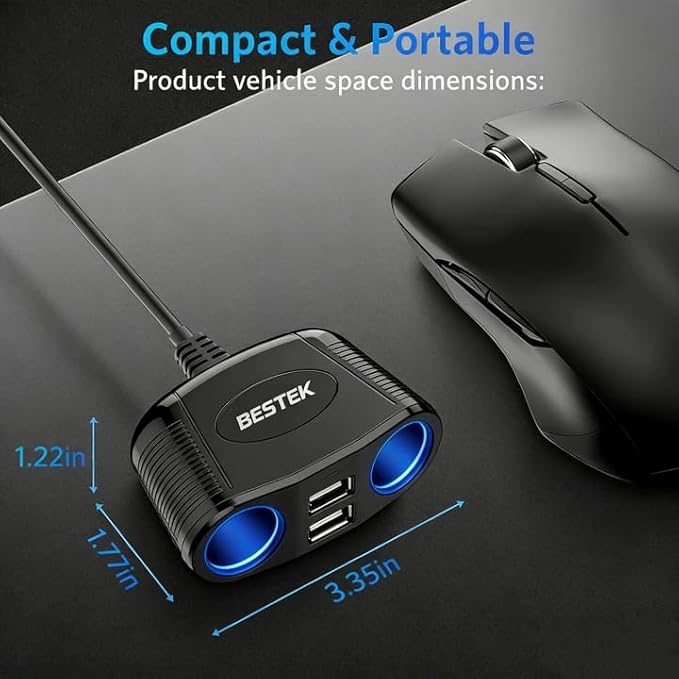 BESTEK 150W 2-Socket Car Cigarette Lighter Splitter Power Adapter DC Outlet Car Charger Dual 2.4A USB with 26 Inches Cord for Cellphone GPS Dash Cam