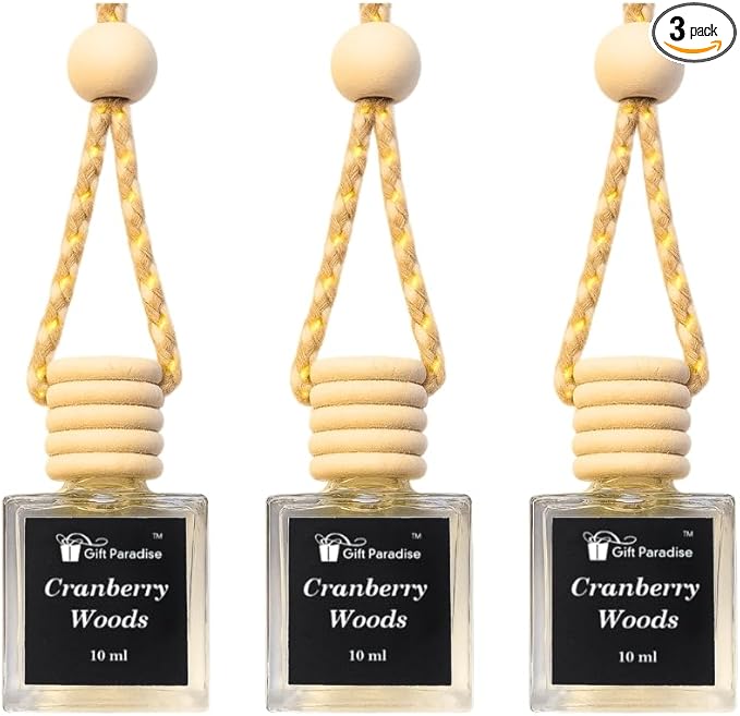 Gift Paradise® Cranberry Woods Car Air Freshener – Set of 3 (10 ml Each) | Long-Lasting Hanging Diffusers for Car & Home | Velvet Gift Bag Included | Holiday & Winter Fragrance