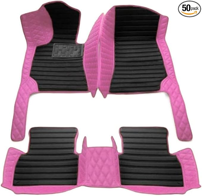 Custom Floor Mats for Cars，Luxury Full Coverage All Weather Car Floor Mats，Leather Car Mat Set ， Floor Mats for 99% of Cars, Trucks & SUVs (Edge Pink Diamond with Black Stripes in The Center)