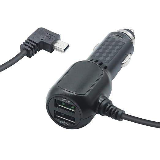 Dash Cam Mini USB Power Cable, Left Angle 90 Degree Mini USB with Dual USB Port Fast Power Supply, for 12V-24V Car and Truck Dash Cam, GPS Navigator, MP3 Player and Other USB Devices