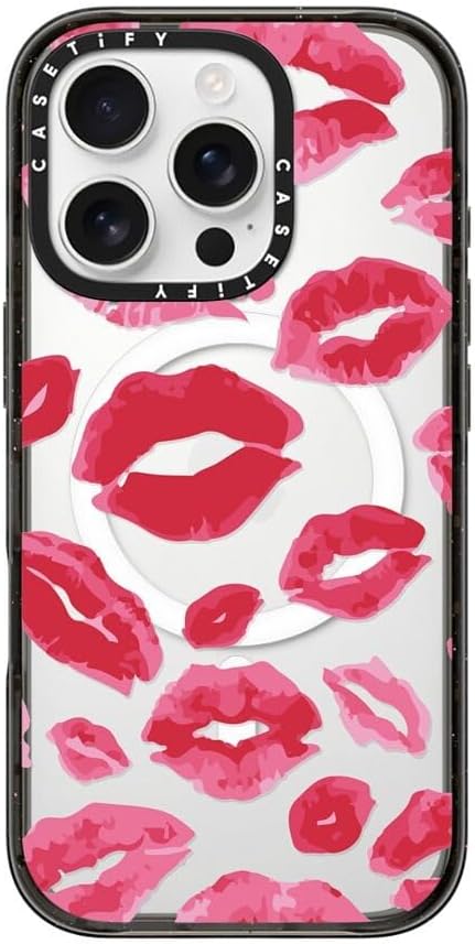 CASETiFY Impact Case for iPhone 16 Pro [Slim / 8.2 ft. 4X Military Grade Drop Protection/Compatible with Magsafe] - Lipstick Kisses - Clear Black
