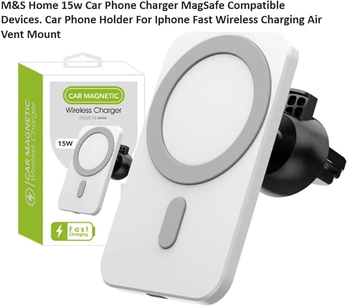 M&S Home 15w Wireless Fast Car Charger Compatible with MagSafe Devices for iPhone 12/13/14/15/SE/XS/XR/X/8/Plus, Car Phone Holder, Qi-Compatible, Air Vent Mount, 360°Rotation, USB C Cable Included