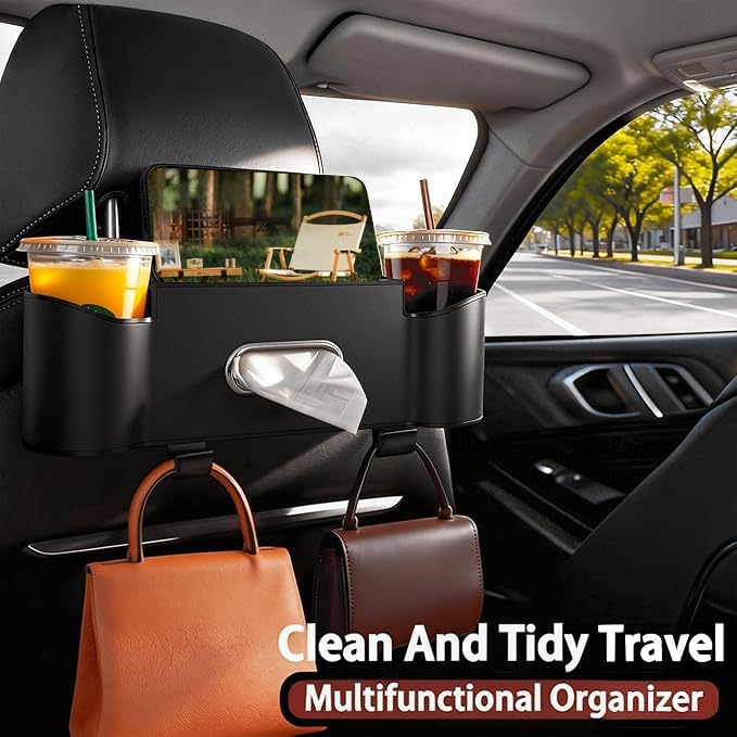 Car Backseat Organizer for Kids & Travelers - 4 in 1 Multifunctional Car Seat Back Storage with Cup Holder, Tissue Box, Snack/Handbag Holder - Nappa Leather Universal Fit for SUV/Van/Sedan (Black)