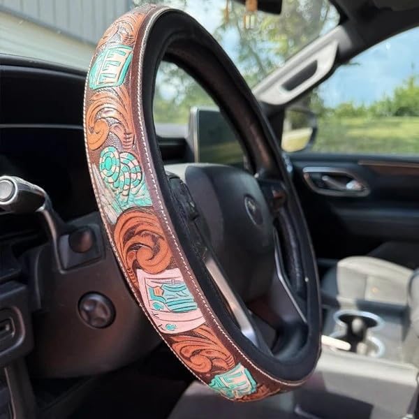 Western Steering Wheel Cover,Retro Western Cowboy Car Universal Steering Wheel Cover,Embossed Hand-Painted Leather Western Car Accessories, for Women Man, Anti-Slip Design Easy to Install (B)