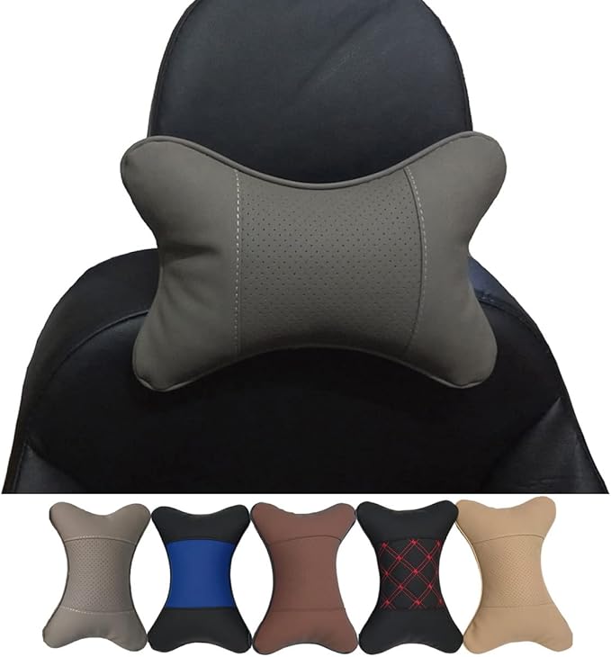 Car Neck Pillows Both Side Pu Leather 2pieces Pack Headrest Fit for Most Cars Filled Fiber Universal Car Pillow (Grey)