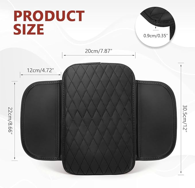 Car Center Console Cover, 12"×7.87" Waterproof Leather Auto Armrest Cover Protector with 2 Pocket, Comfortable Arm Rest Box Cushion Pad, Universal Interior Car Accessories (Black)