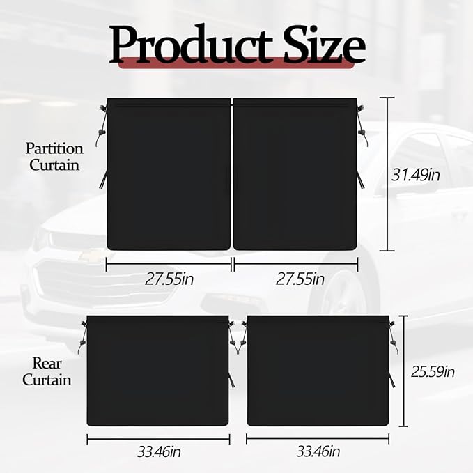 3PCS Car Window Shades Kit, Magnetic Light Blocking UV Protection Privacy Divider Curtains & Side Window Covers, Double Layer Automotive Sunshades Curtains, Universal for Vehicles