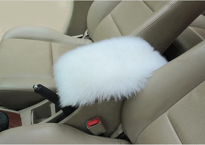 Center Console Cushion Pad/Cover, 11.4"x7.4" Furry Armrest Cover for Cars, Vehicles, SUVs, Premium Sheepskin Wool, Car Interior Accessories for Women(White)