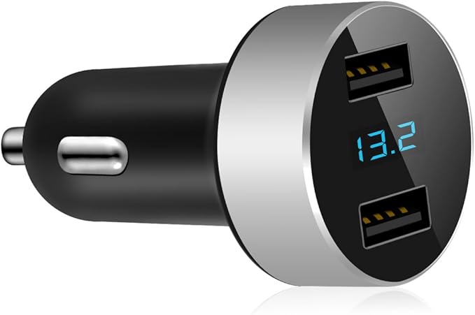 LIHAN 2 USB Car Charger,12V/24V Voltage Meter, Output 4.8A, Cigarette Lighter Plug Adapter Compatible with iPhone,iPad, Samsung, USB Charging Devices, Silver