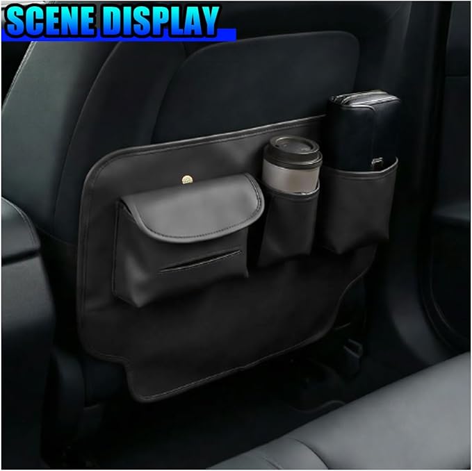 Leather Car Seat Back Organizer, Waterproof Car Seat Kick Mat with Cup Holder, Multifunctional Backseat Storage Bag, Universal Auto Travel Seats Protector Accessories for SUV Truck (Black)