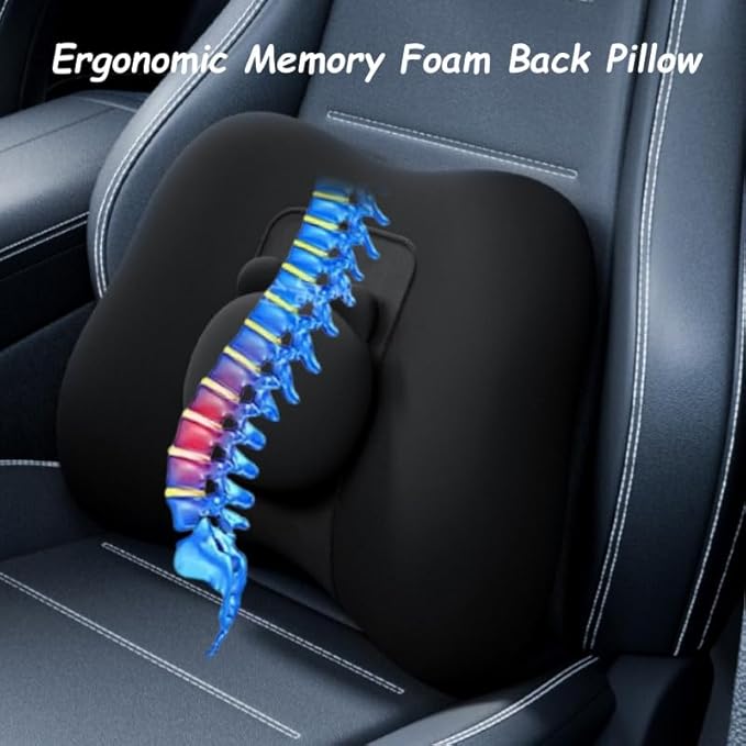 Car Lumbar Support and Neck Pillow for Driving Seat, Memory Foam Car Back Support Pillow & Headrest for Improve Posture, Driver Back Neck Sciatica Pain Relief Cushion (White Pink)