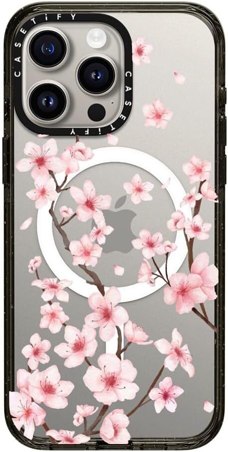 CASETiFY Impact Case for iPhone 15 Pro Max [8.2ft 4X Military Grade Drop Protection/Compatible with Magsafe] - Cherry Blossom - Clear Black