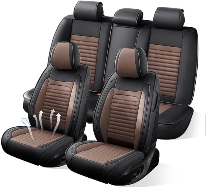 Car Seat Covers Full Set Fit for Toyota Matrix 2003-2014, Premium Faux Leather Car Seat Protector,Breathable Anti-Slip Full Wrapping Edge Seat Covers(Black&Brown,Full Set)