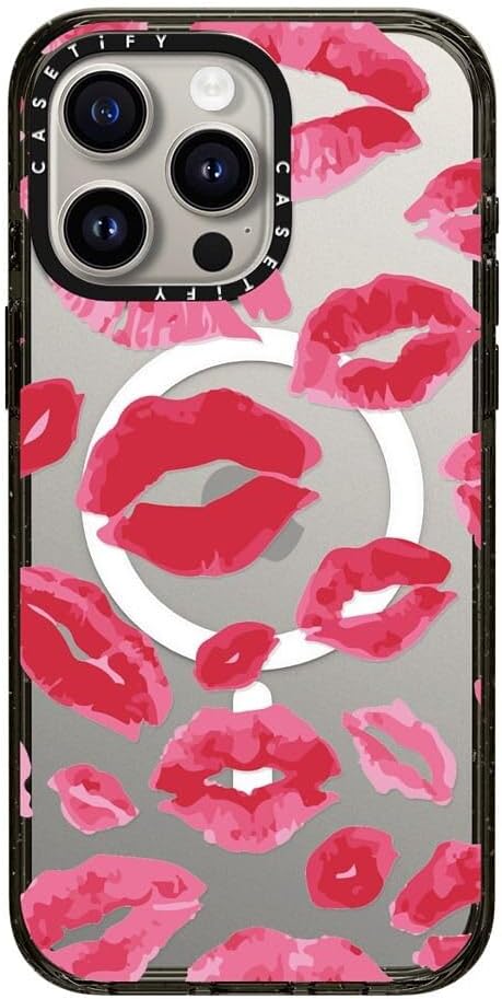 CASETiFY Impact iPhone 15 Pro Max Case [4X Military Grade Drop Tested / 8.2ft Drop Protection/Compatible with Magsafe] - Lipstick Kisses - Clear Black