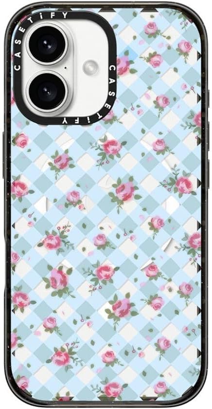 CASETiFY Impact Case for iPhone 16 [8.2ft 4X Military Grade Drop Protection/Compatible with Magsafe] - Floral Gingham - Blue - Clear Black