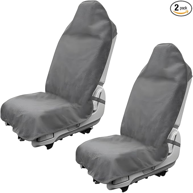 2PCS Car Towel Seat Cover, Waterproof Sweating Non-Slip Premium Soft Towel Carseat Protector, Universal Machine Washable Car Truck SUV Front Seat Cover for Gym Workout Beach Hiking (Gray)