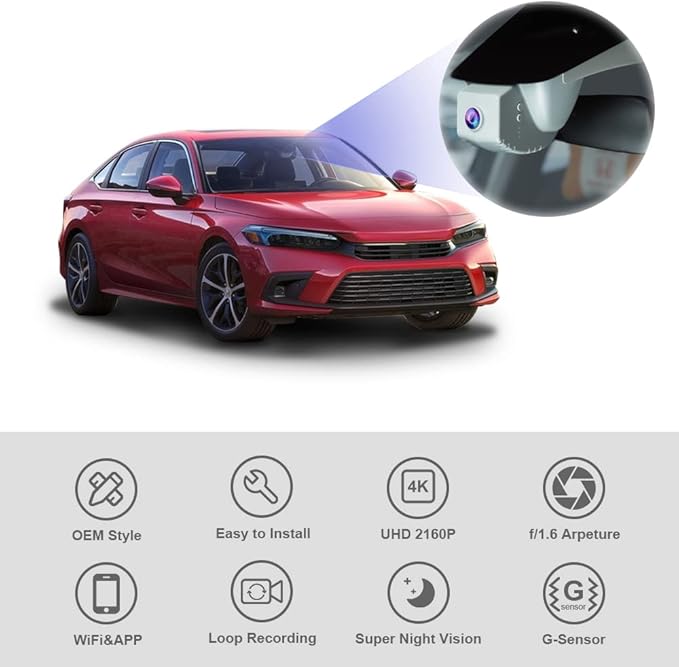 Fitcamx 4K Dash Cam Suitable for Honda Civic 2022-2026 & Type R Si (Grey Cover), OEM Factory Look, 2160P UHD Video, Built-in WiFi & APP, Loop Recording, G-Sensor, Night Vision, Plug & Play, 64GB Card