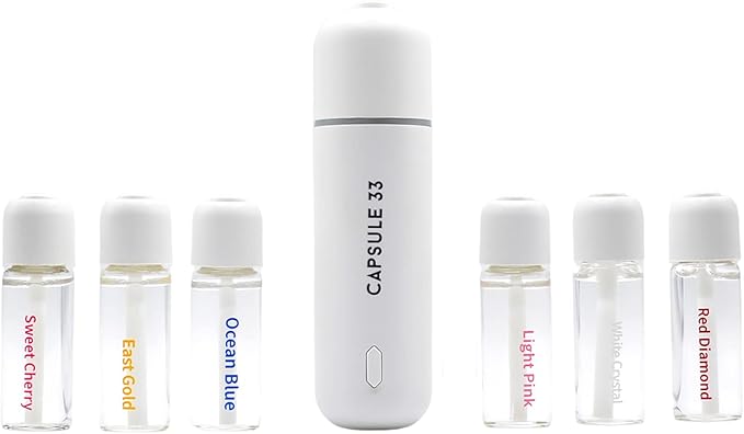 Car Perfume Starter Pack, Car Air Freshener, Ultrasonic Aroma Diffuser, 6 Fragrances (White Crystal, Red Diamond, East Gold, Ocean Blue, Sweet Cherry, Light Pink) (White)