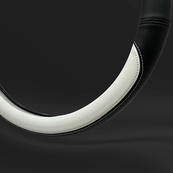 Morandi Color Steering Wheel Cover, Nappa Leather, Fashionable Sporty Style, Universal 15 inches,Black and White