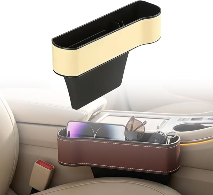 Car Seat Gap Filler Organizer, 2026 New Premium Leather Console Organizer for Holding Phone, Sunglasses, Auto Console Side Storage Box with Cup Holders 2 Seat Hooks for Drink (Beige, Passenger Seat)
