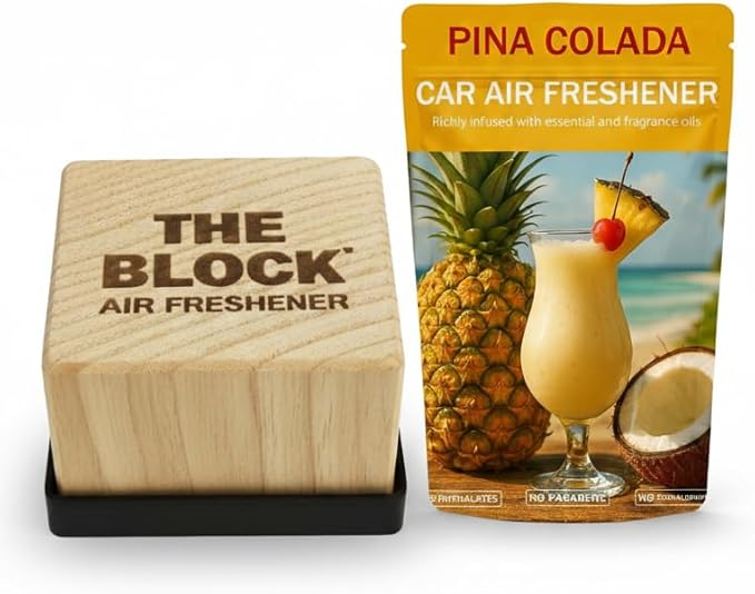 The Block - Wooden Car Air Freshener & Odor Eliminator - Long Lasting 30+ Day Scent - Car & Home Use - Fresh Gift Idea - Made in USA - Pina Colada