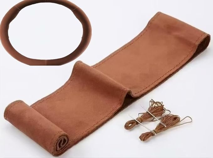 Steering Wheel Cover (Suede Leather), DIY Hand Sewn, Suitable for Both Men and Women, 15 inch Universal (Brown)